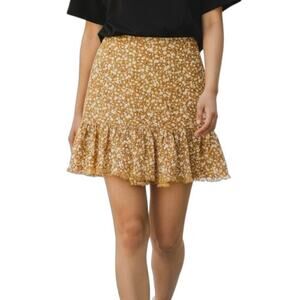 Cotton On Women's Mini Skirt S Mustard Yellow Floral Ruffled Frayed Hem Pull On